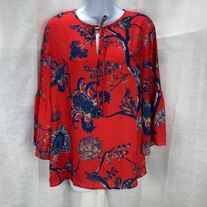 Red Floral Bell Sleeve Blouse